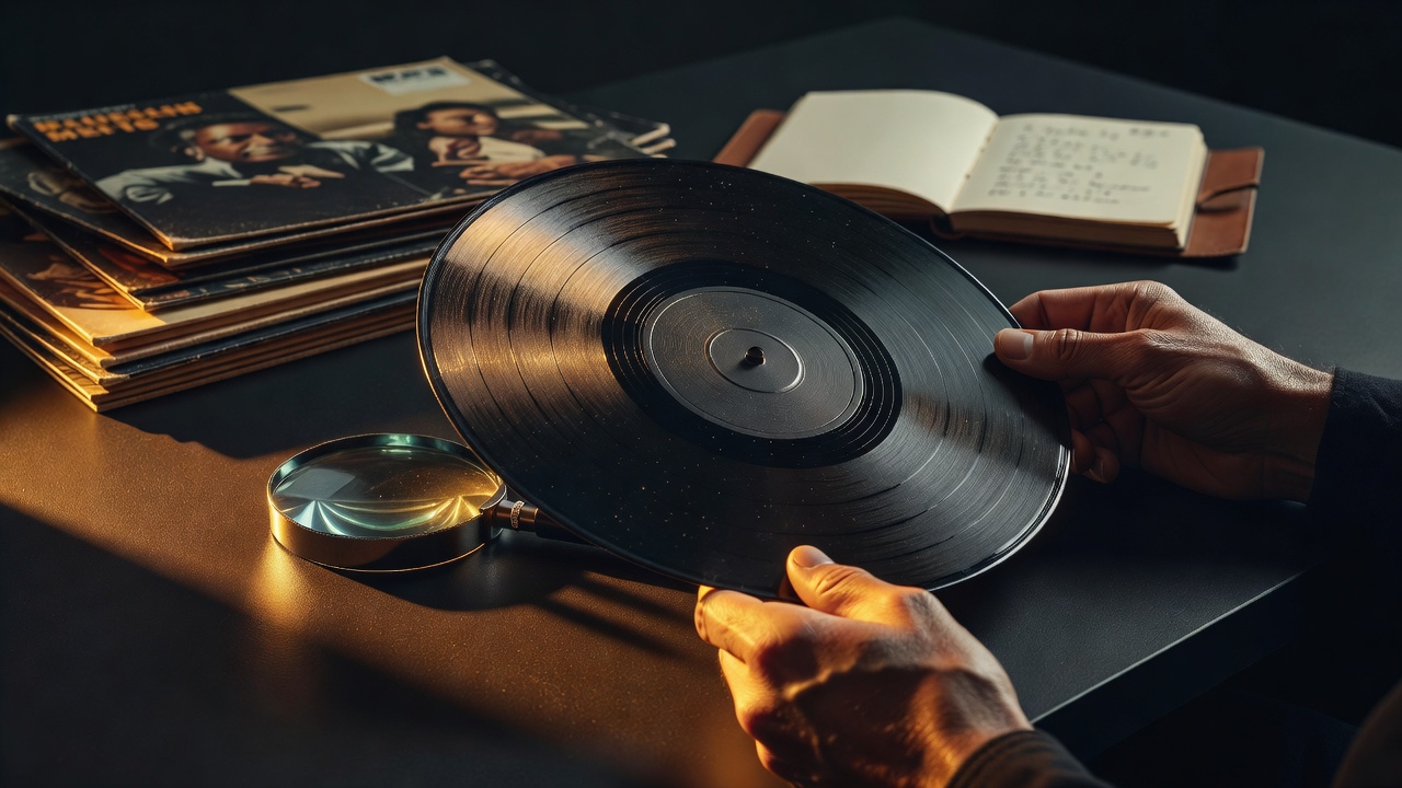 Collectionneur de vinyles examinant attentivement un disque sous une lumière rasante avec une loupe, dans un environnement de bureau chaleureux éclairé en ambre